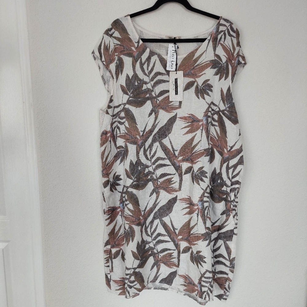 Lightweight White Mini Dress with Brown Leaf Print